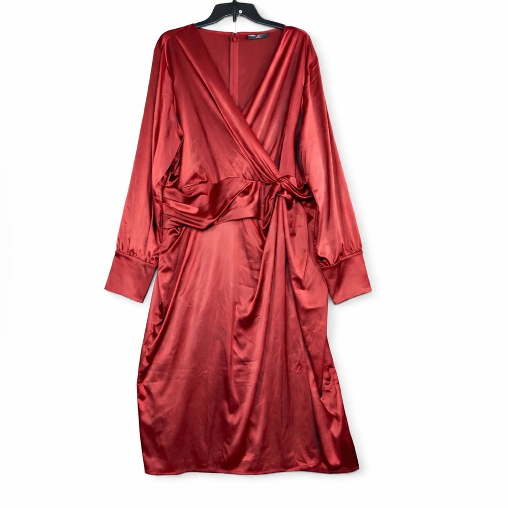 Lane Bryant Stretch Satin Surplice Knot Front Midi Dress 22/24 Burgundy